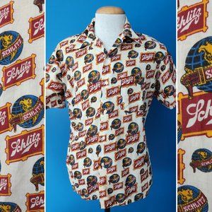 Men's 1970s Vintage K-Mart Schlitz Beer Button Front Short Sleeve Dres Shirt